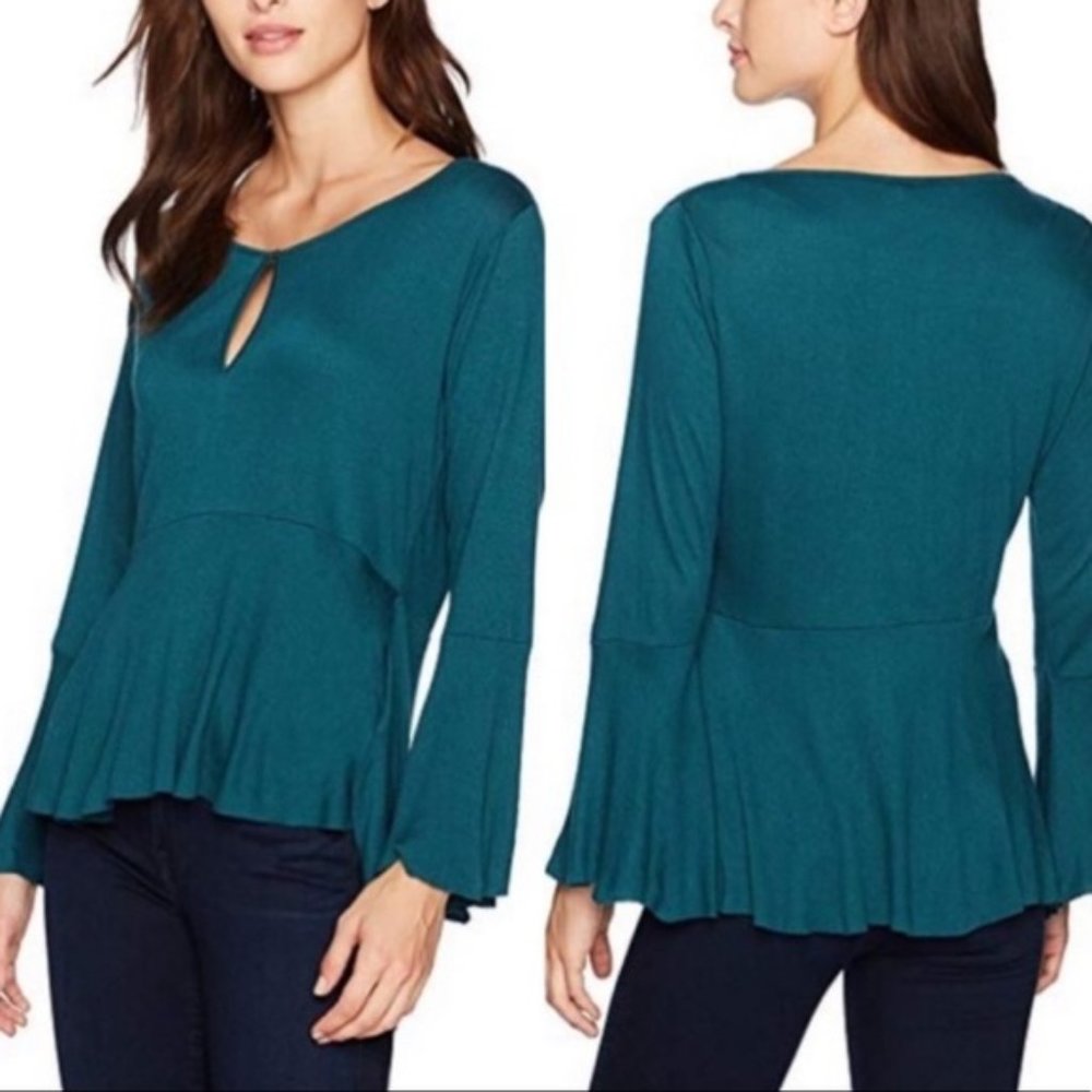 LUCKY BRAND dark teal soft peplum long bell sleeve keyhole front blouse